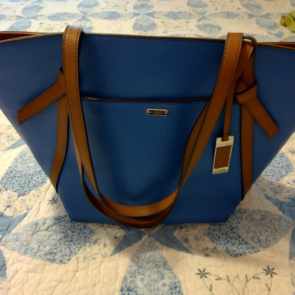 Chaps Blue Handbag/Purse with Brown Straps